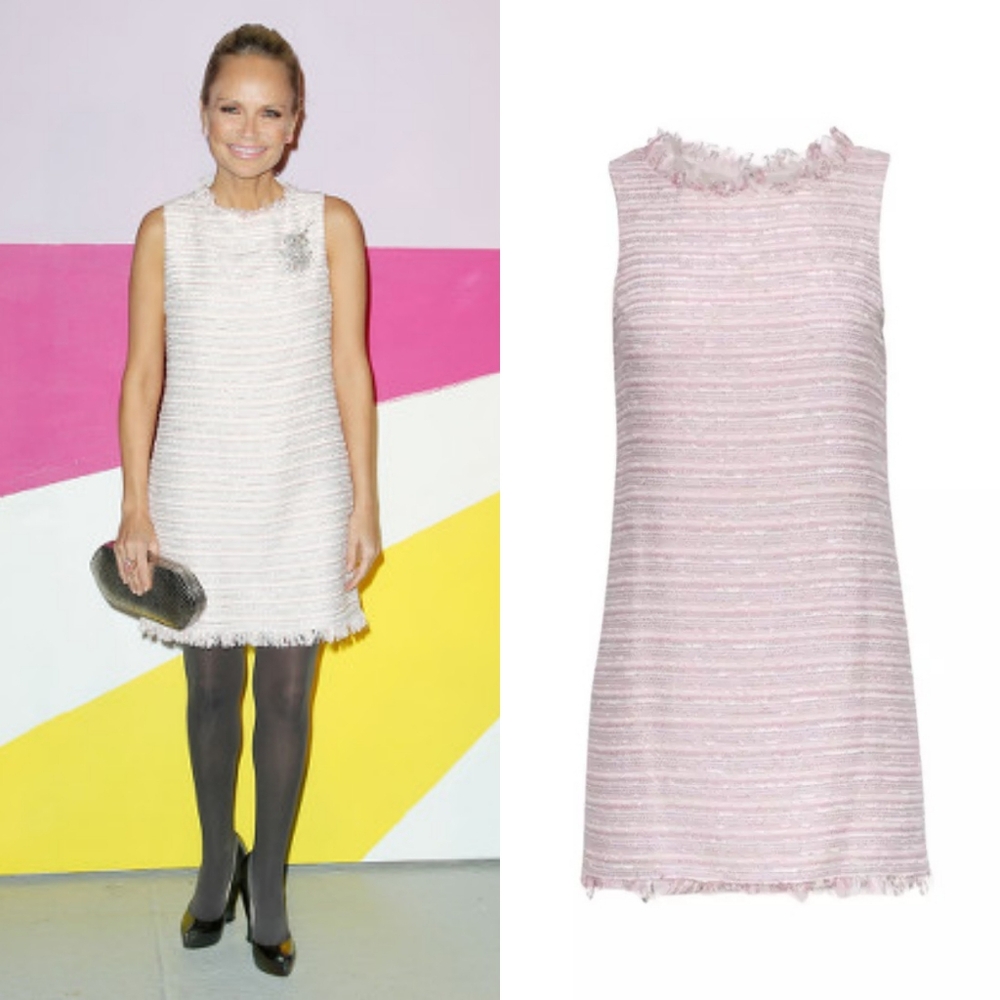 Alice & Olivia Ruby Tweed Fringe Mini Shift Dress Blush Pink White Metallic Sz S
